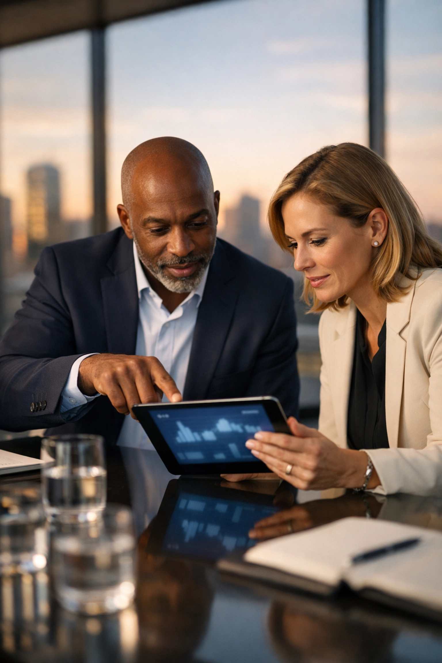 Business leaders analyzing performance data to drive multi-sector innovation and growth.