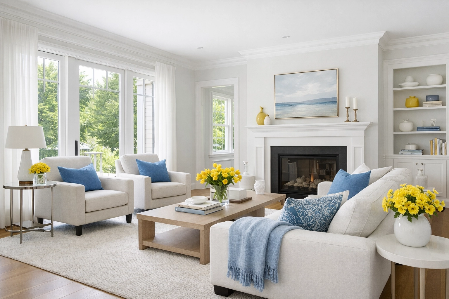 Sun-drenched luxury Boxford living room with white walls, subtle blue accents, and warm yellow decor details.