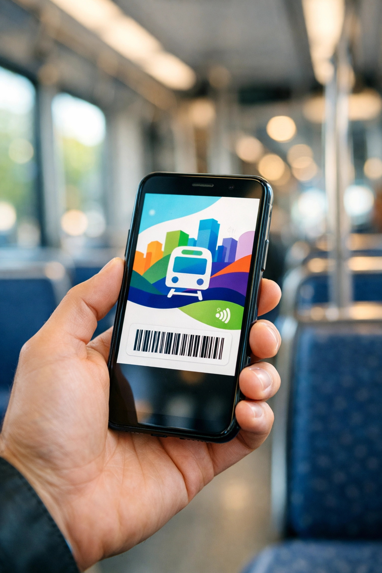 A rider displays a digital transit pass on a smartphone inside a Charlotte light rail train car.