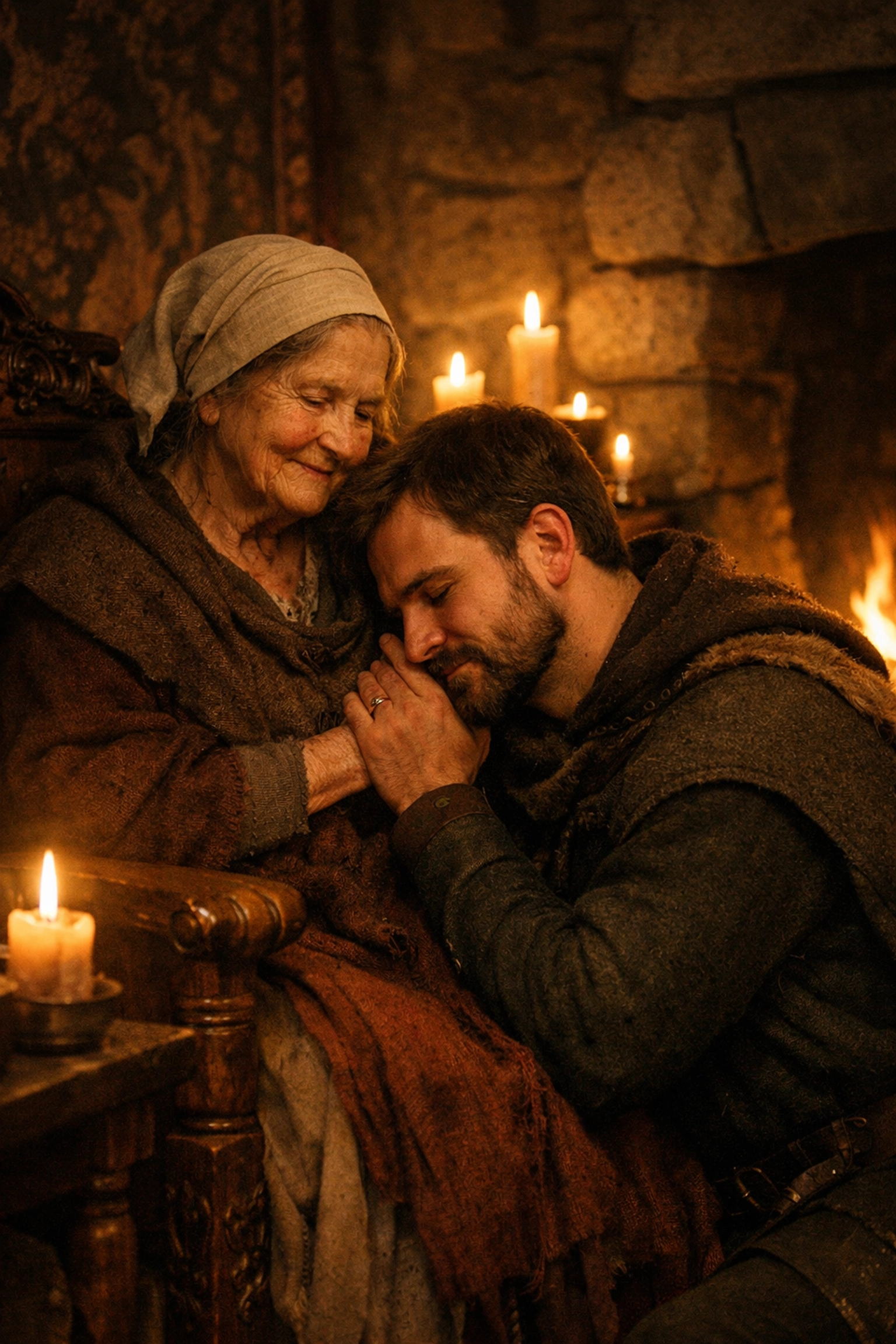 Medieval son in a tunic kneeling by his elderly mother's side, showing quiet devotion in a candlelit room.