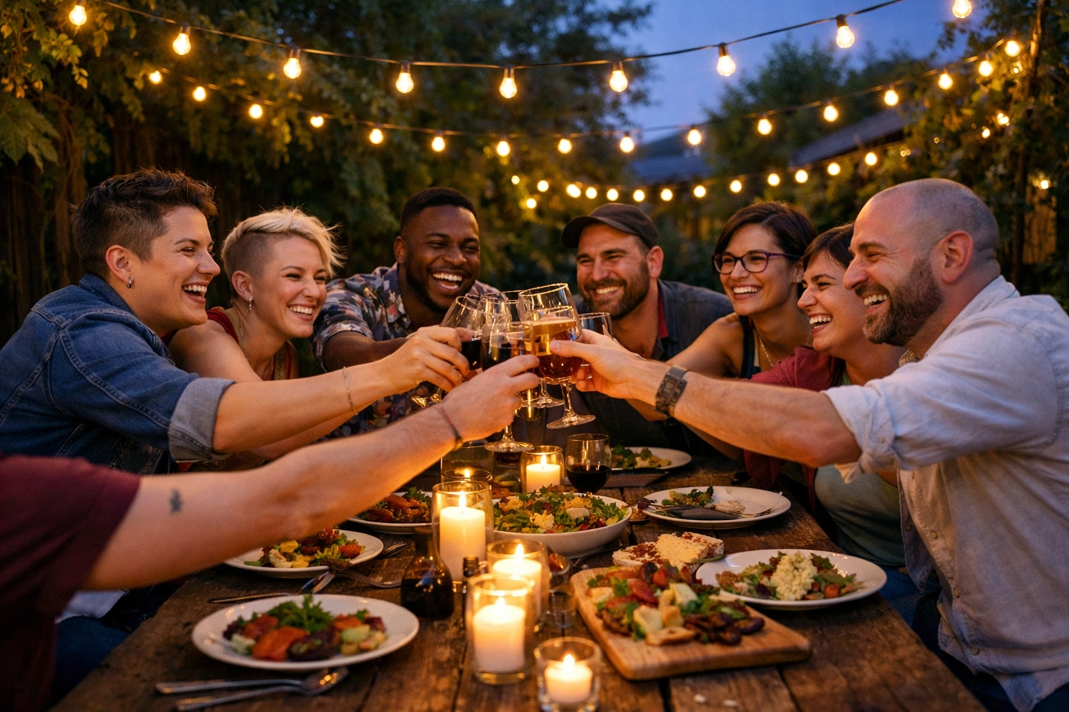 LGBTQ friends celebrating milestones at a garden dinner, highlighting the importance of chosen family in queer relationships.