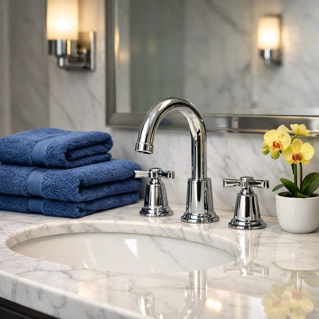 Deep-cleaned marble bathroom vanity with polished fixtures in a luxury Leominster apartment.