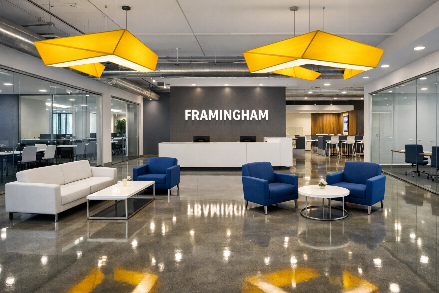 Modern office lobby prepared for opening after professional post-construction cleaning Framingham.