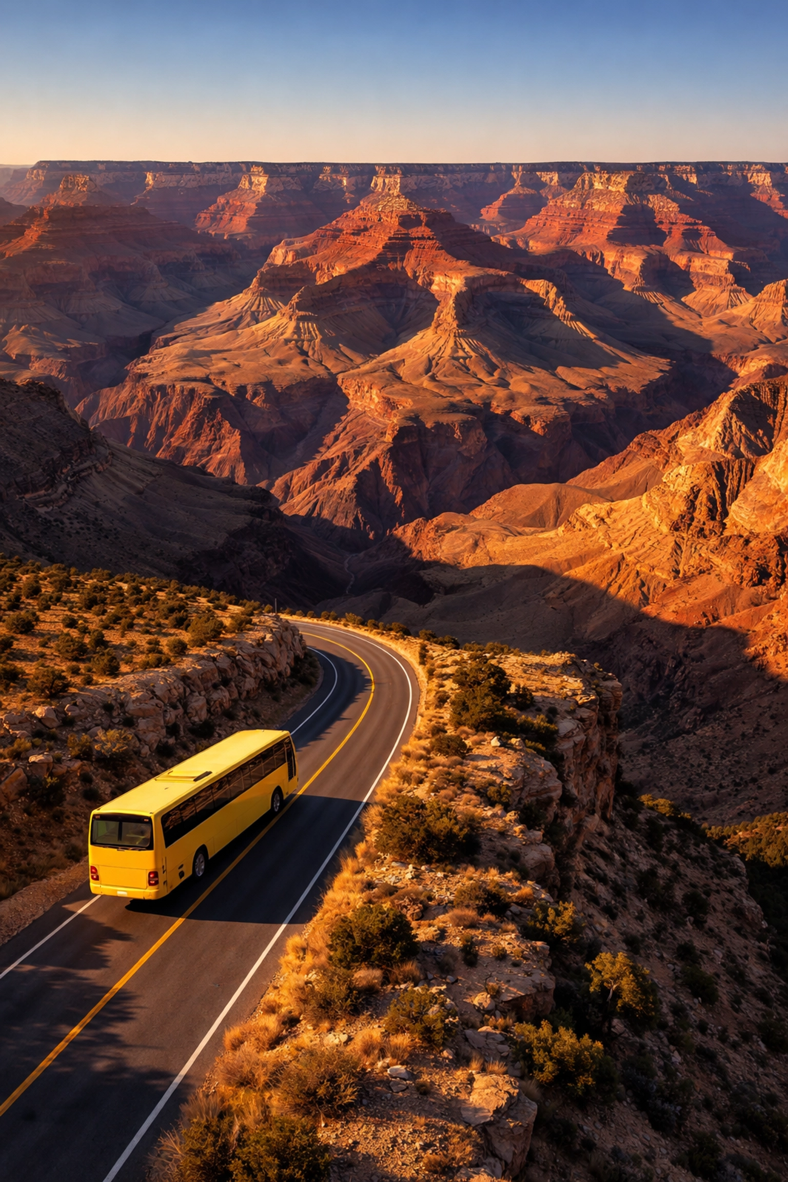 Aerial view of the Grand Canyon with a yellow charter bus, illustrating group travel logistics for student expeditions.
