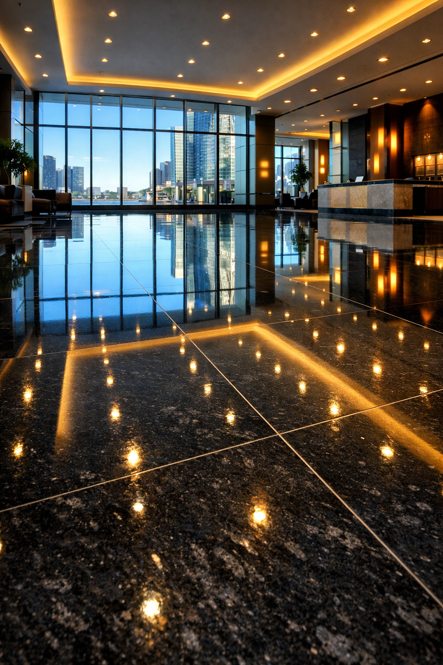 Highly polished commercial lobby floor showcasing expert janitorial services Boston MA floor care.