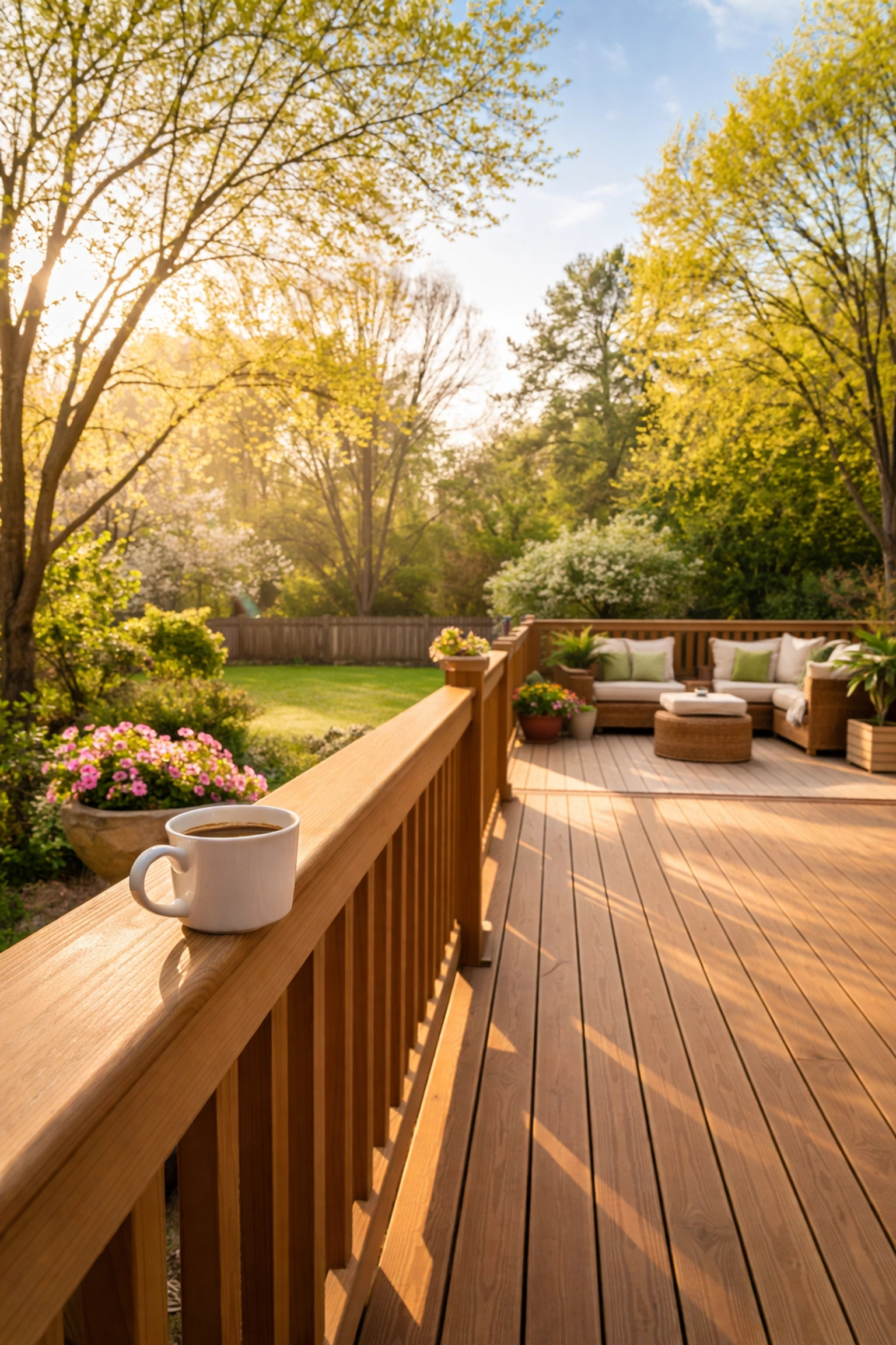 Early spring Atlanta backyard deck with morning sunlight, ideal for seasonal deck repair and sealing preparation.