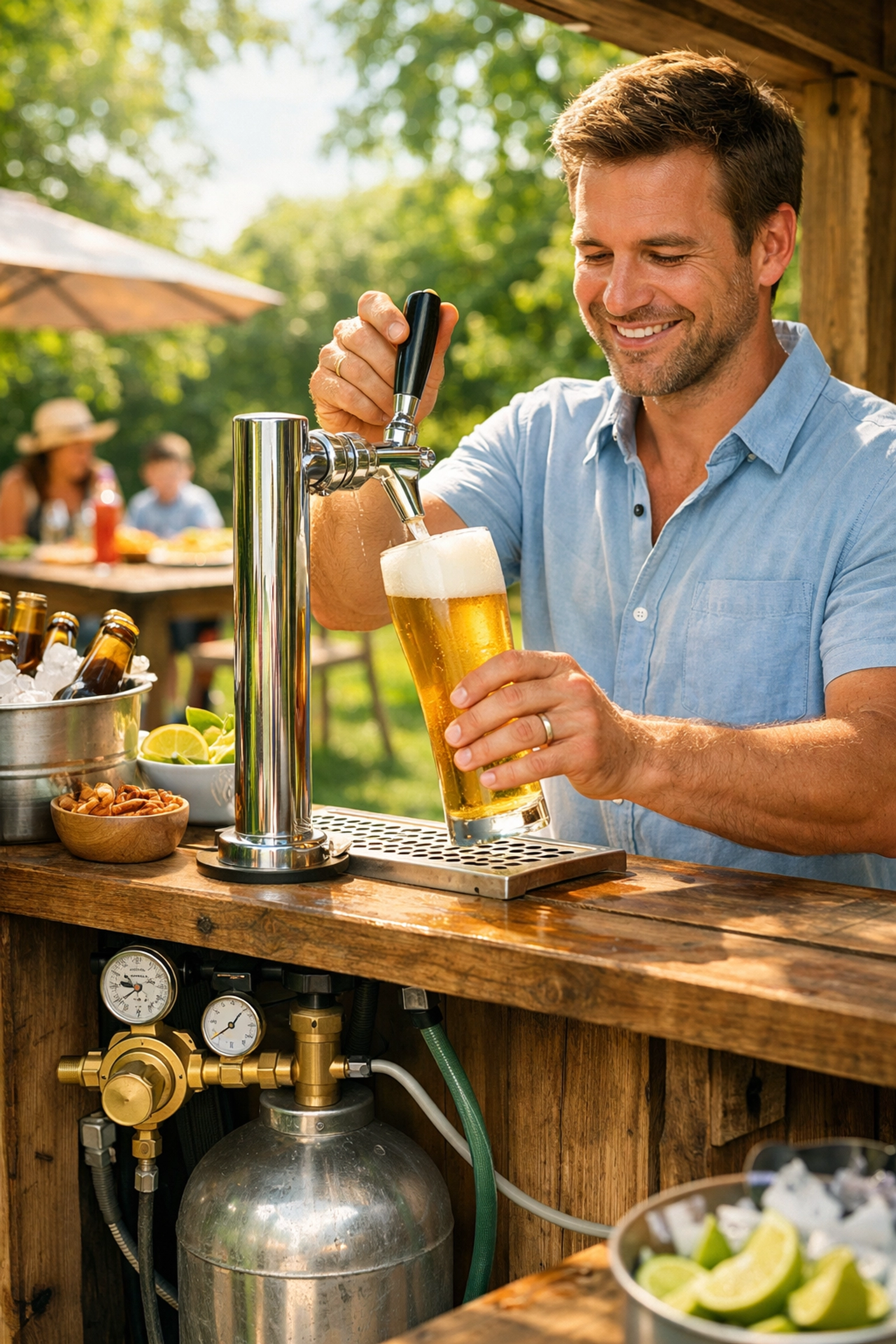 Man pouring a crisp lager from a home bar tap using a 60/40 beer gas cylinder during a BBQ.