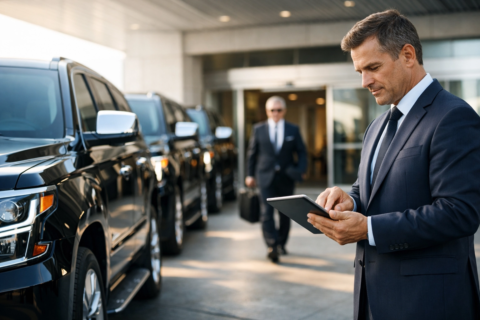 NEWSLETTER: 7 Mistakes You’re Making with Last-Minute Super Bowl Logistics (and How to Fix Them) Fleet of black luxury SUVs for professional Super Bowl executive transportation services.
