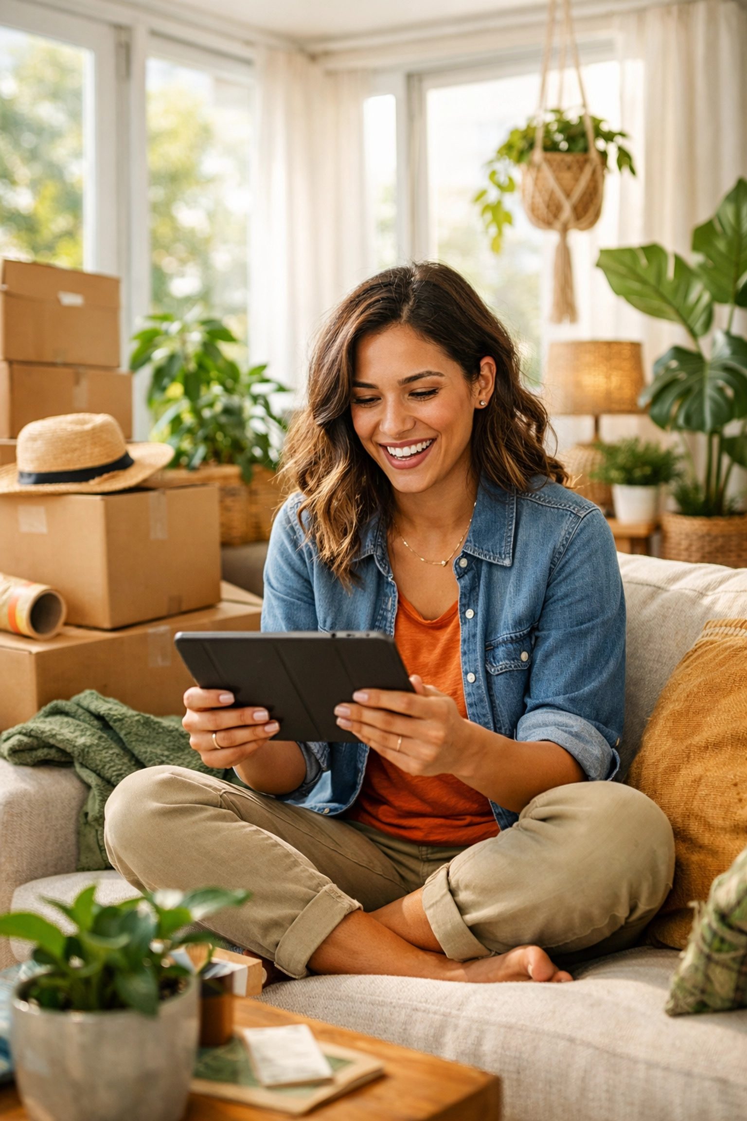 First time home buyer researching home loan options for her move into a modern living room.