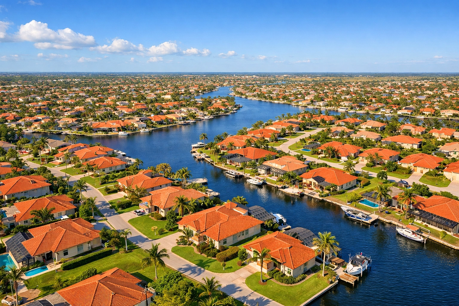 Aerial view of Cape Coral neighborhoods with waterfront and inland homes along canals