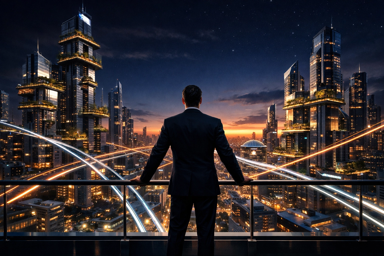 A visionary entrepreneur looking over a structured city representing successful enterprise growth.