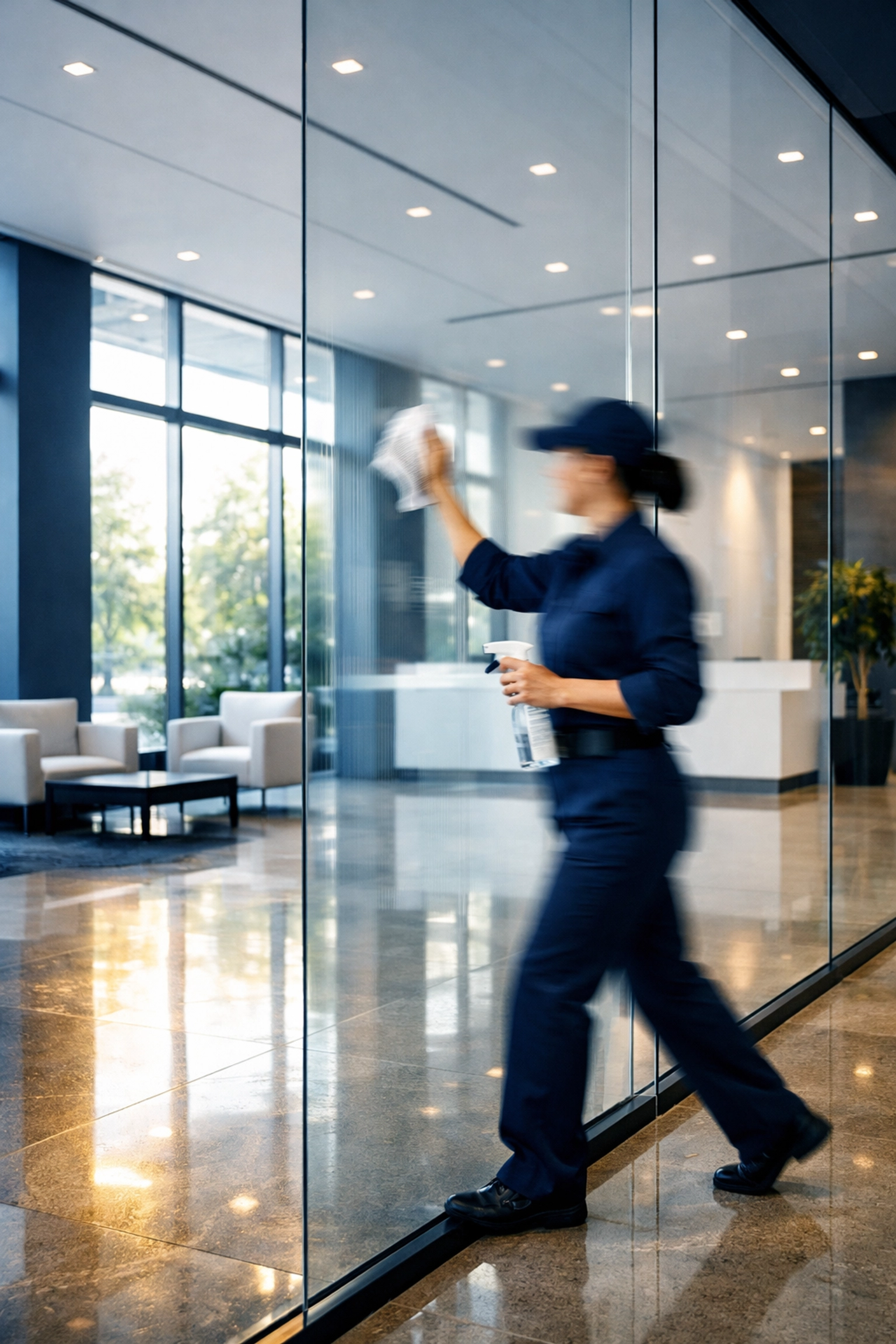 Professional cleaner polishing glass in a modern Holliston office lobby for a spotless finish.