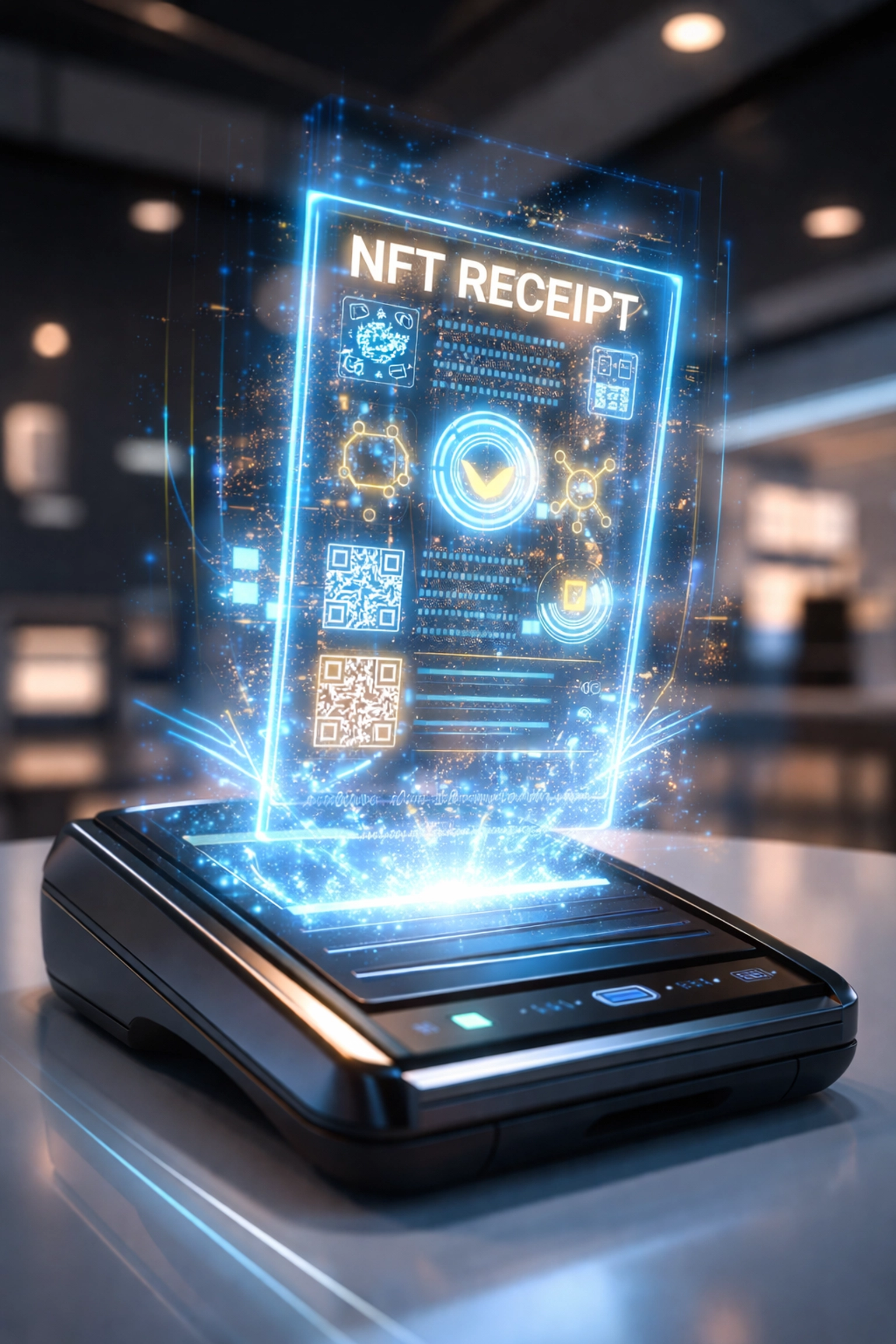 Digital NFT receipt floating over a modern crypto POS terminal, symbolizing secure blockchain payment records