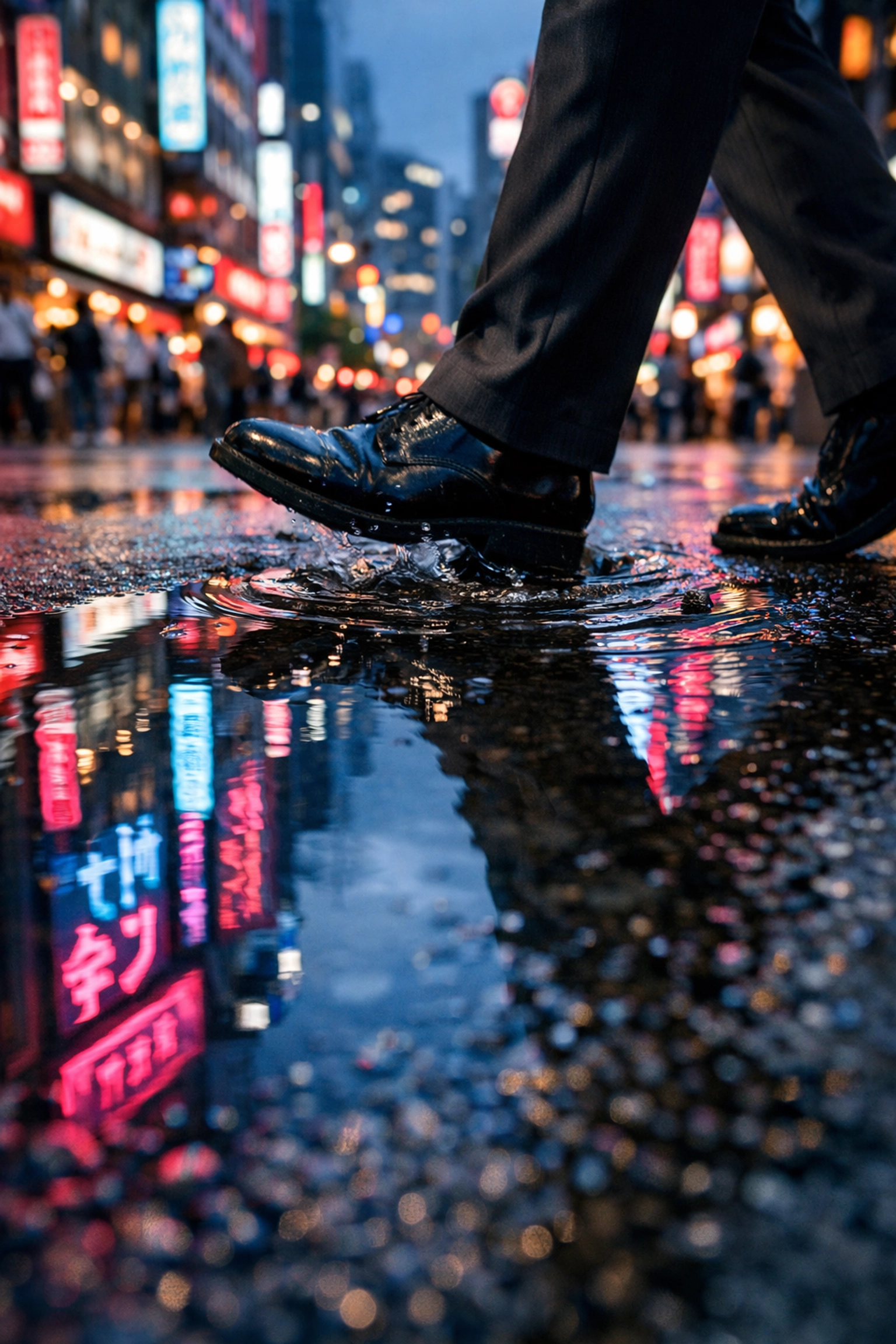 Creative street photography ideas using puddles to reflect neon city lights at night.