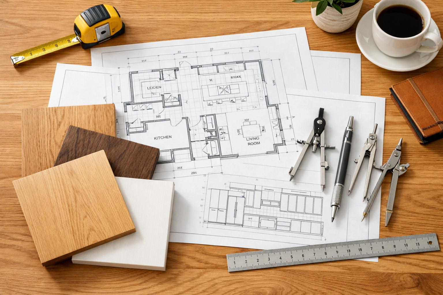 Design planning for a kitchen remodel with wood samples and blueprints from a local cabinet maker.