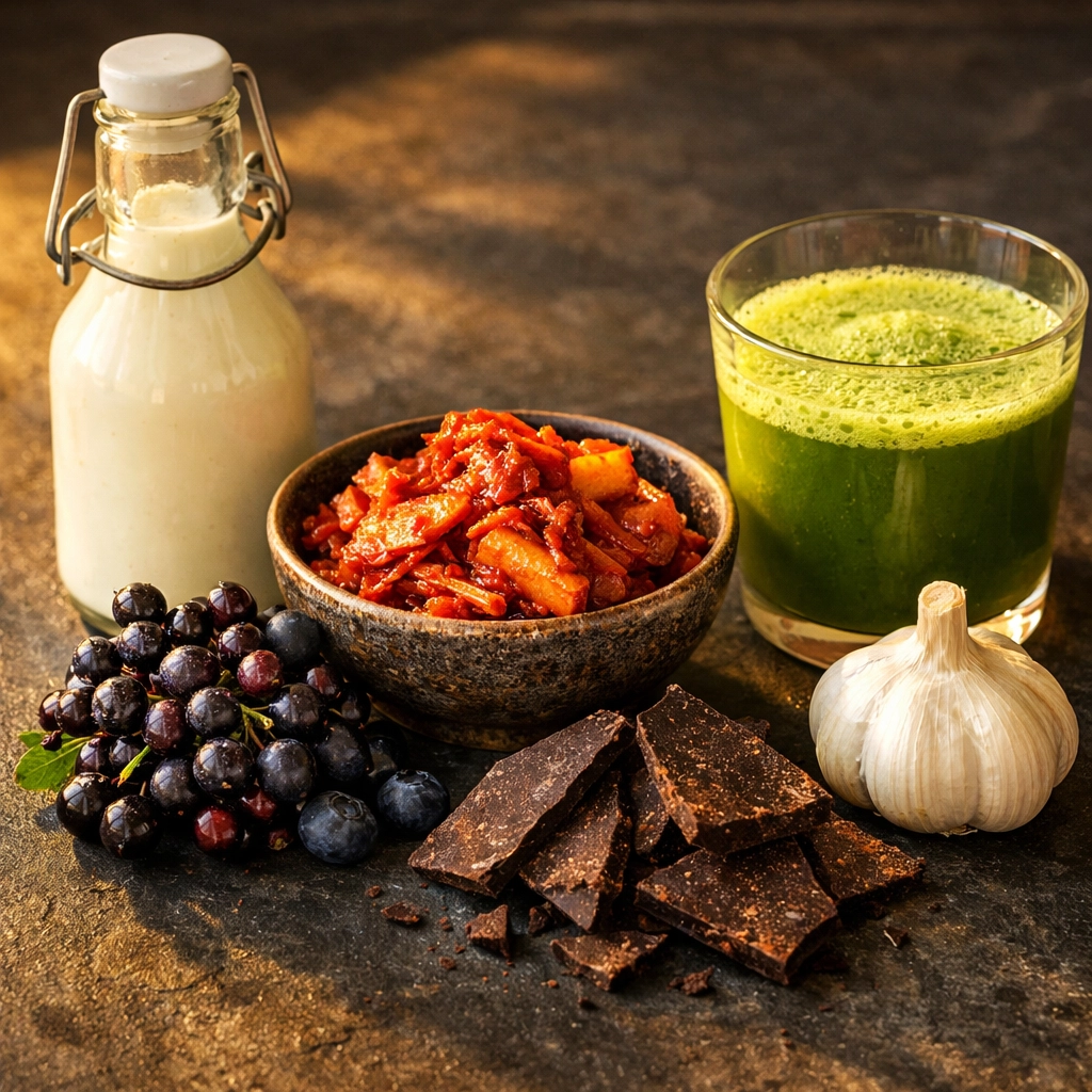 Fermented probiotic foods like kefir and kimchi used to optimize the gut-brain axis and mood.