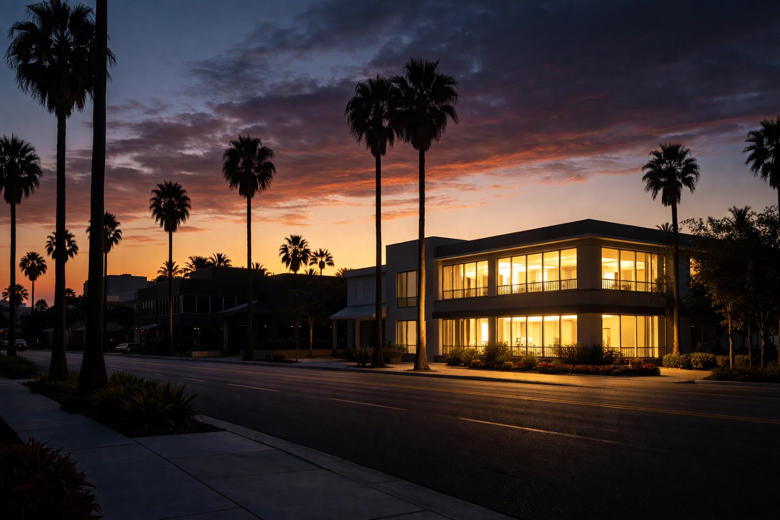 Southern California commercial building with backup generator power during dusk power outage, palm trees visible