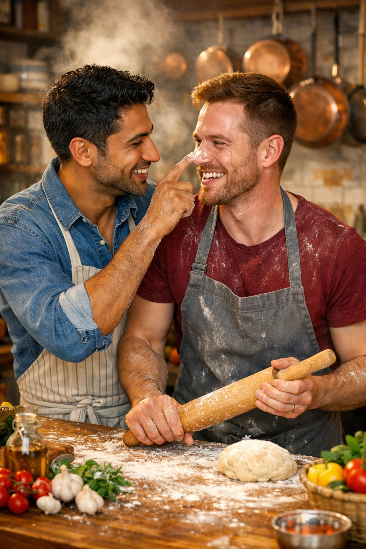Two men flirting while cooking in a community kitchen, a domestic friends-to-lovers moment.
