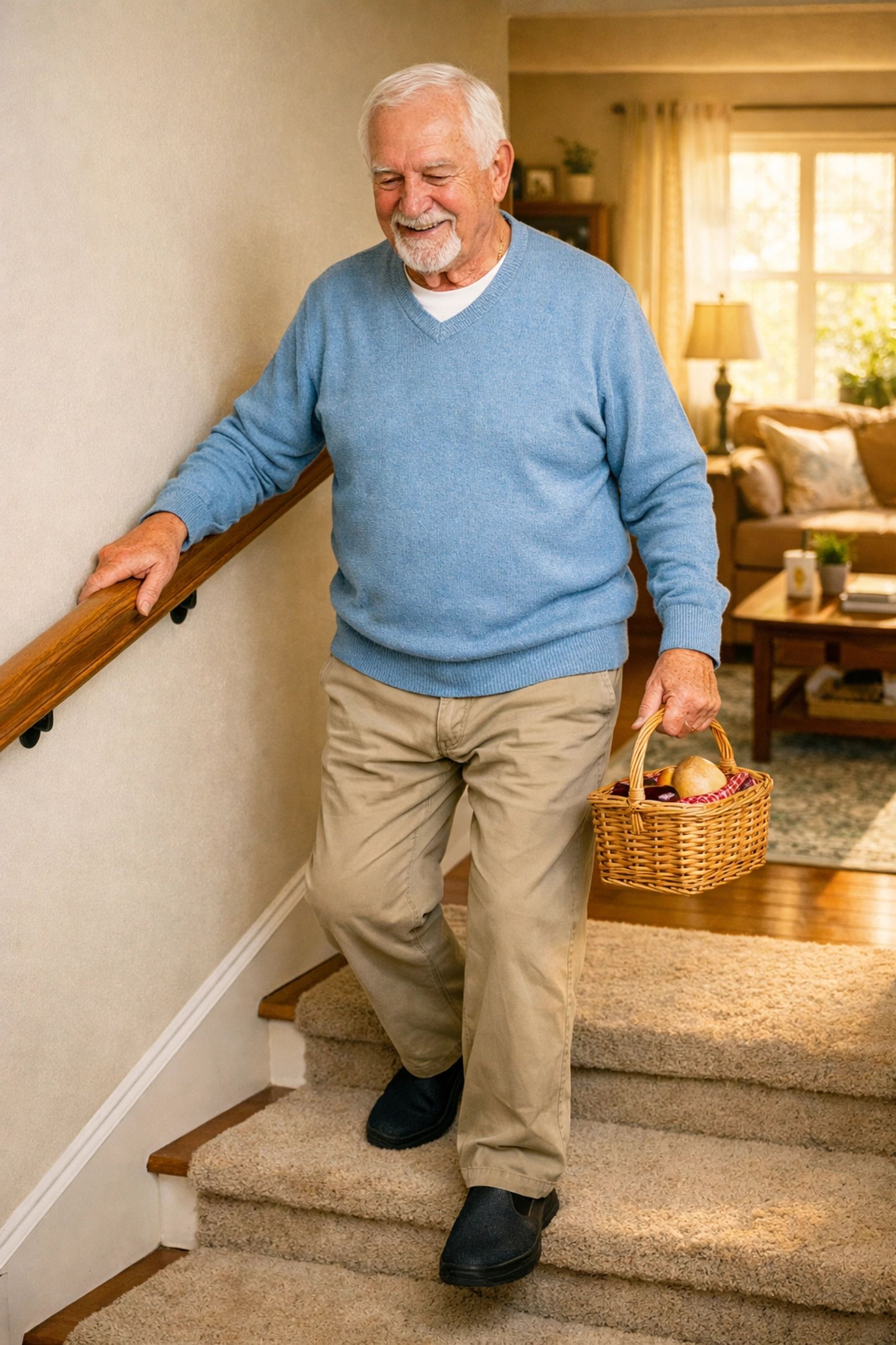 A senior man safely descending a staircase while using the handrail and following fall prevention tips.