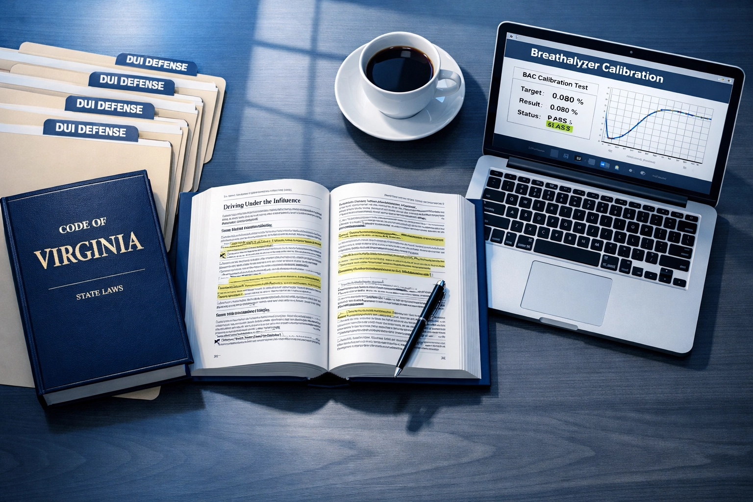 DUI defense law office desk with legal books and case files showing specialized expertise
