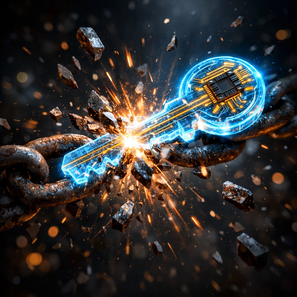 A glowing digital key shattering chains representing merchant freedom through self-custody crypto payments.