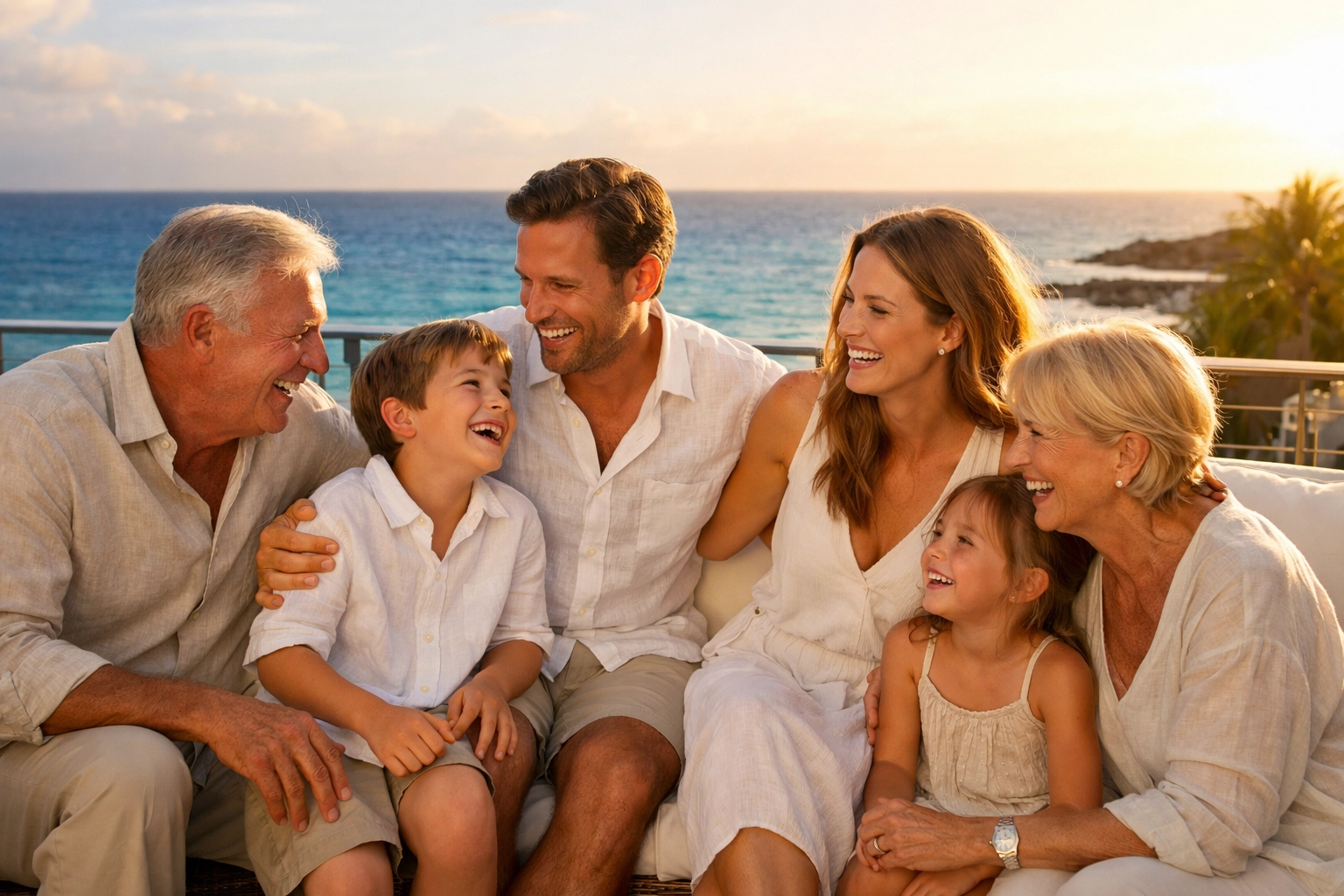 Multi-generational family enjoying sunset views on a luxury Caribbean all-inclusive resort terrace.