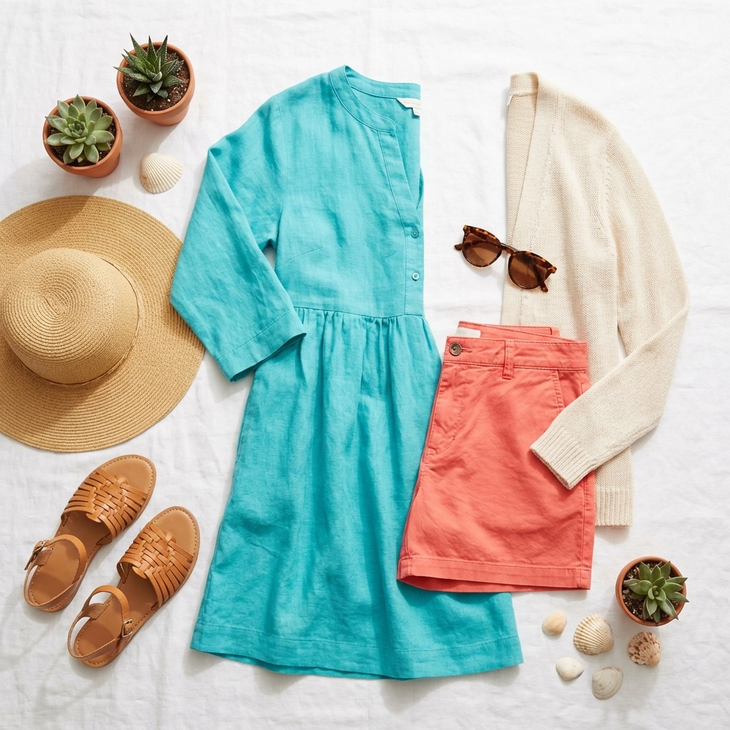 Flat lay of lightweight summer clothing including linen dress, shorts, sun hat, and sandals for Puerto Vallarta condo travel.