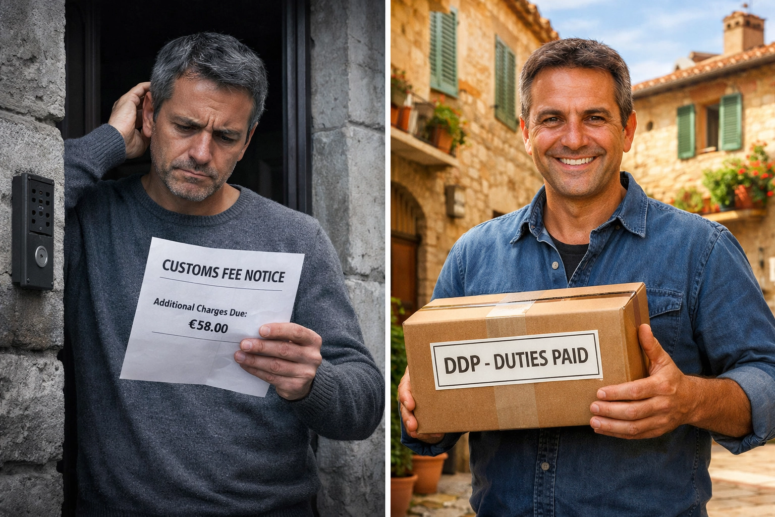 Italian customer delivery comparison showing DDP versus DAP customs fee experience