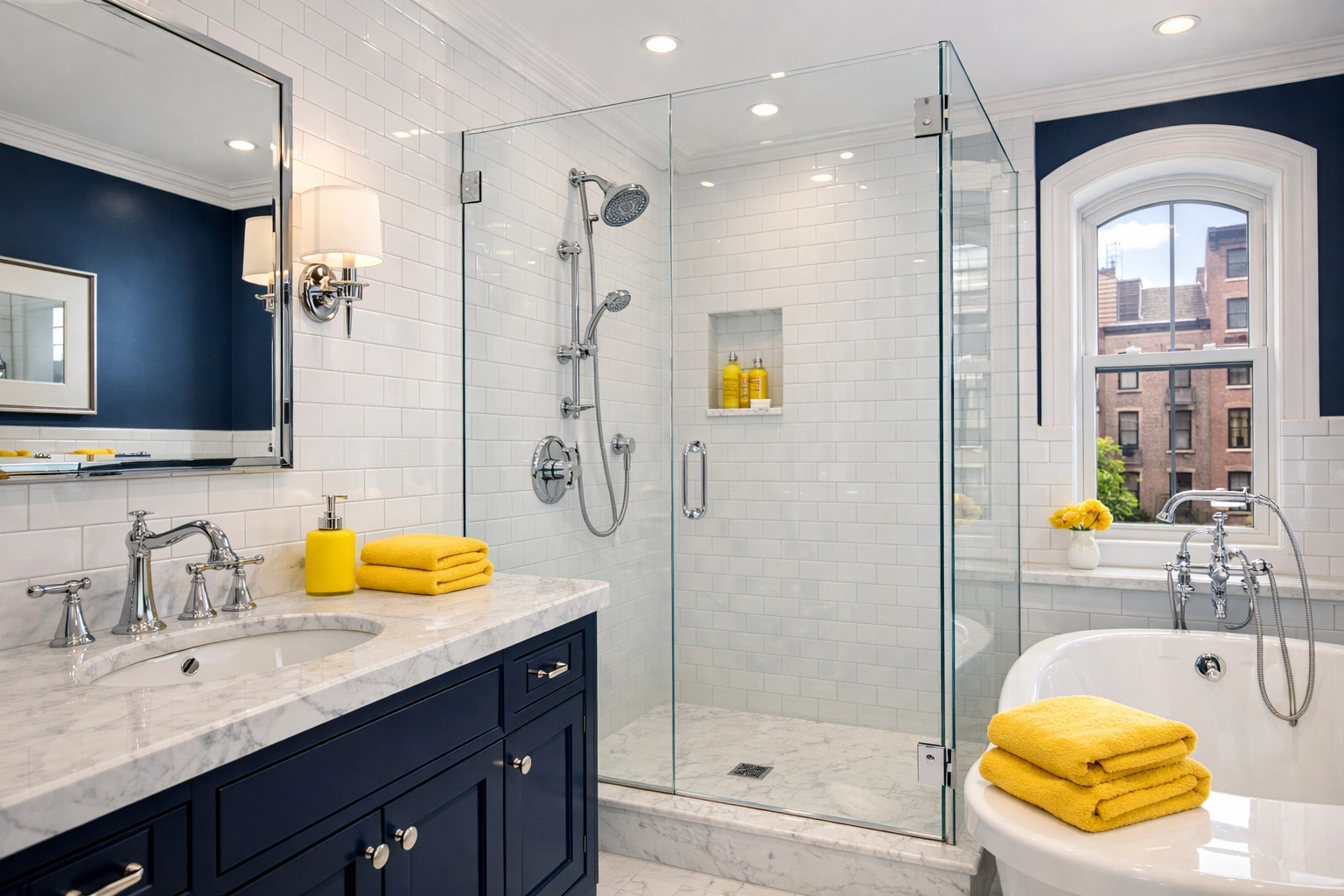 Spotless luxury bathroom after apartment cleaning Boston with pristine white tiles and clean grout.