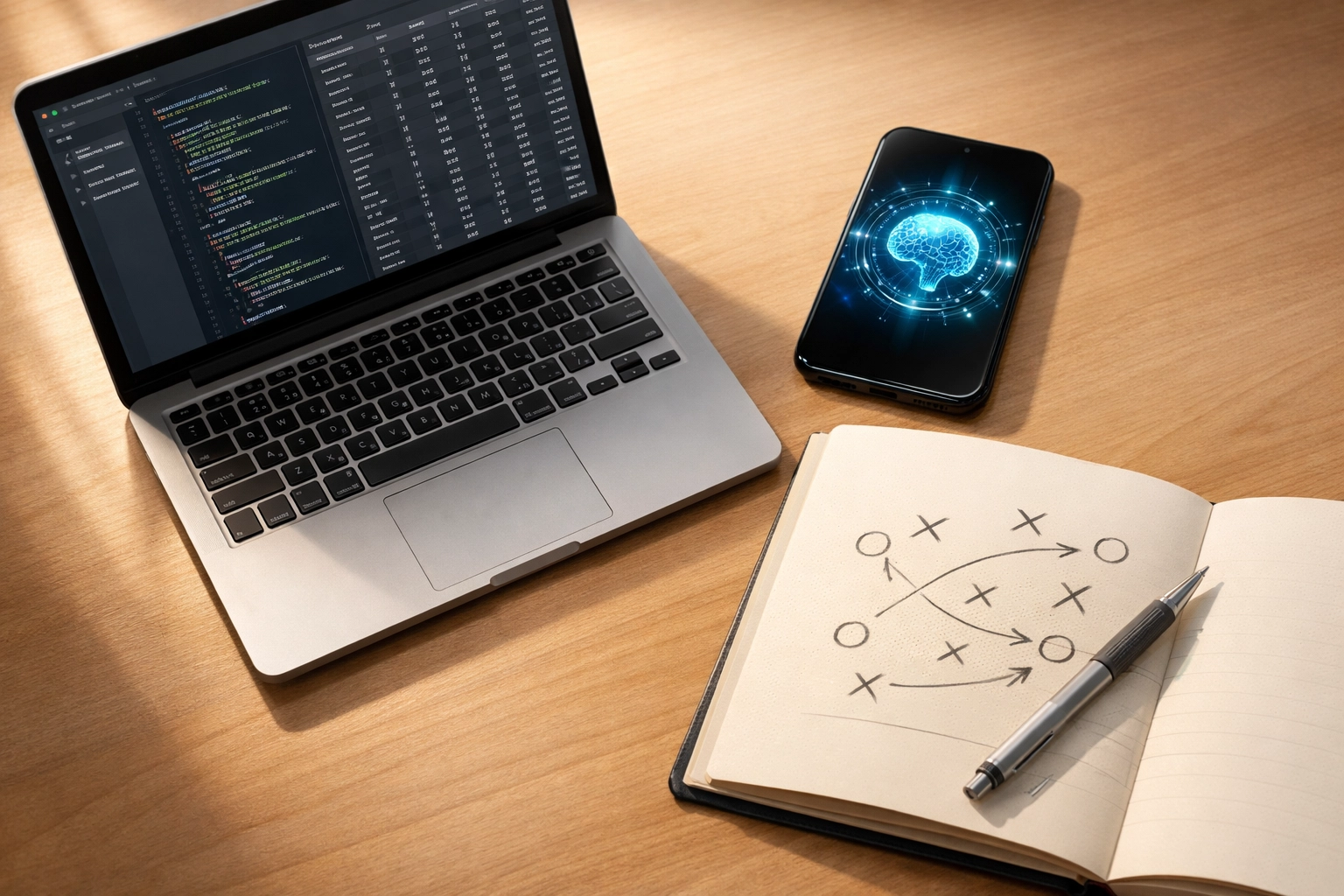 Laptop and notebook showing AI tools and strategic planning diagram for skills gap analysis