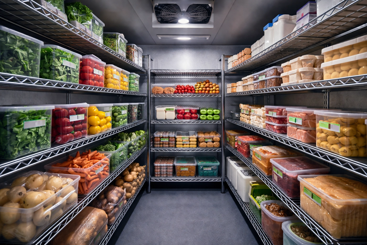 Organized walk-in refrigerator showing FIFO inventory management with labeled containers of fresh restaurant ingredients