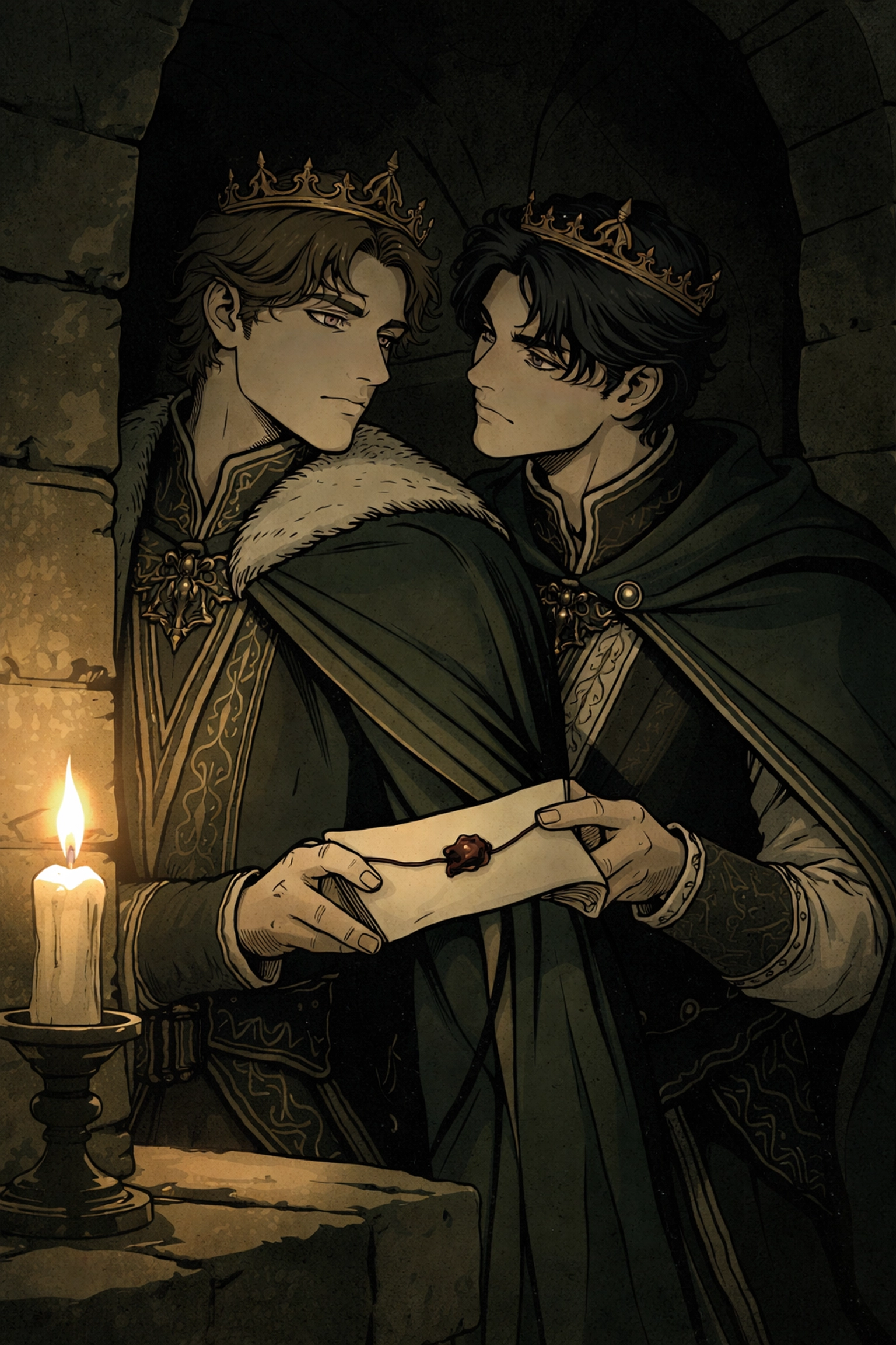 Two medieval princes exchange a secret message in a candle-lit alcove, symbolizing forbidden MM romance and espionage in gay historical fiction.