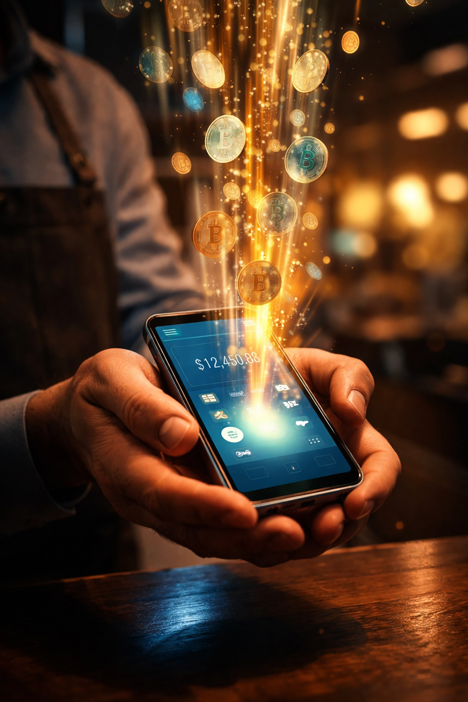 Merchant holding smartphone wallet as golden coins transfer directly, illustrating crypto P2P global payments.