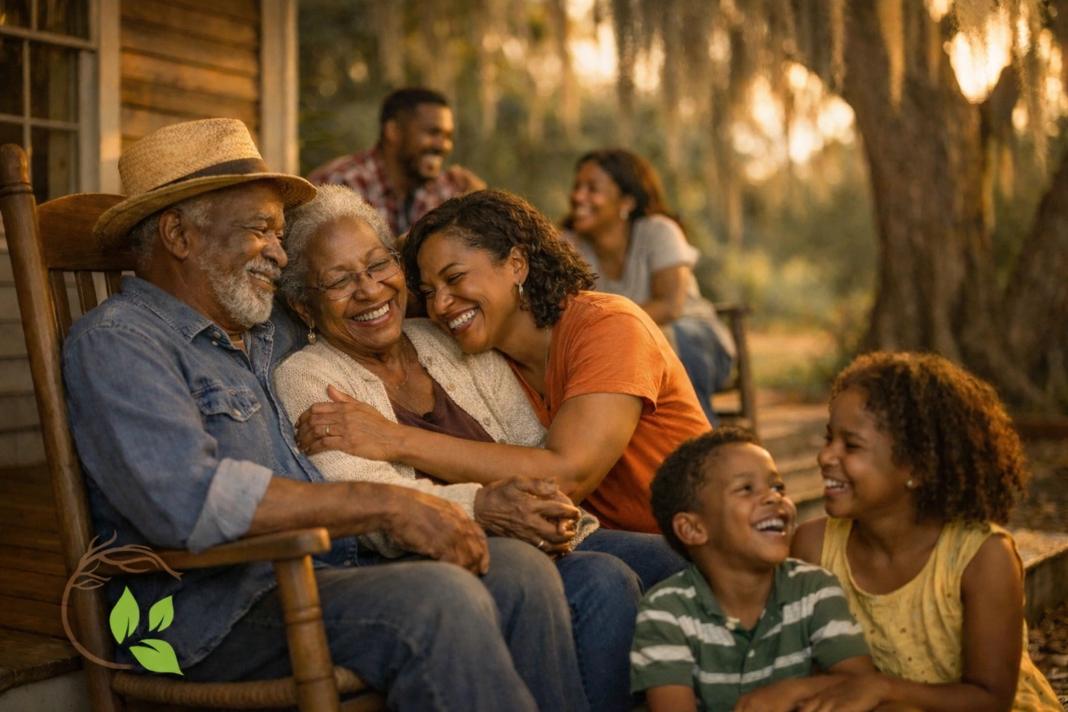 Multi-generational Black family gathering on porch demonstrating traditional community support system