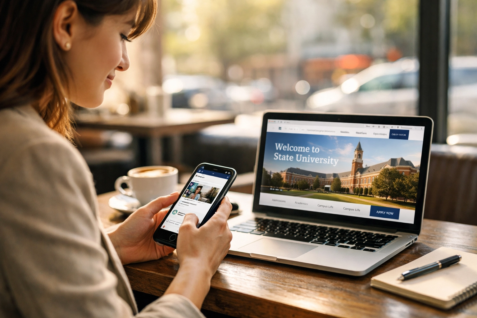 Professional viewing consistent brand experience across smartphone and laptop simultaneously