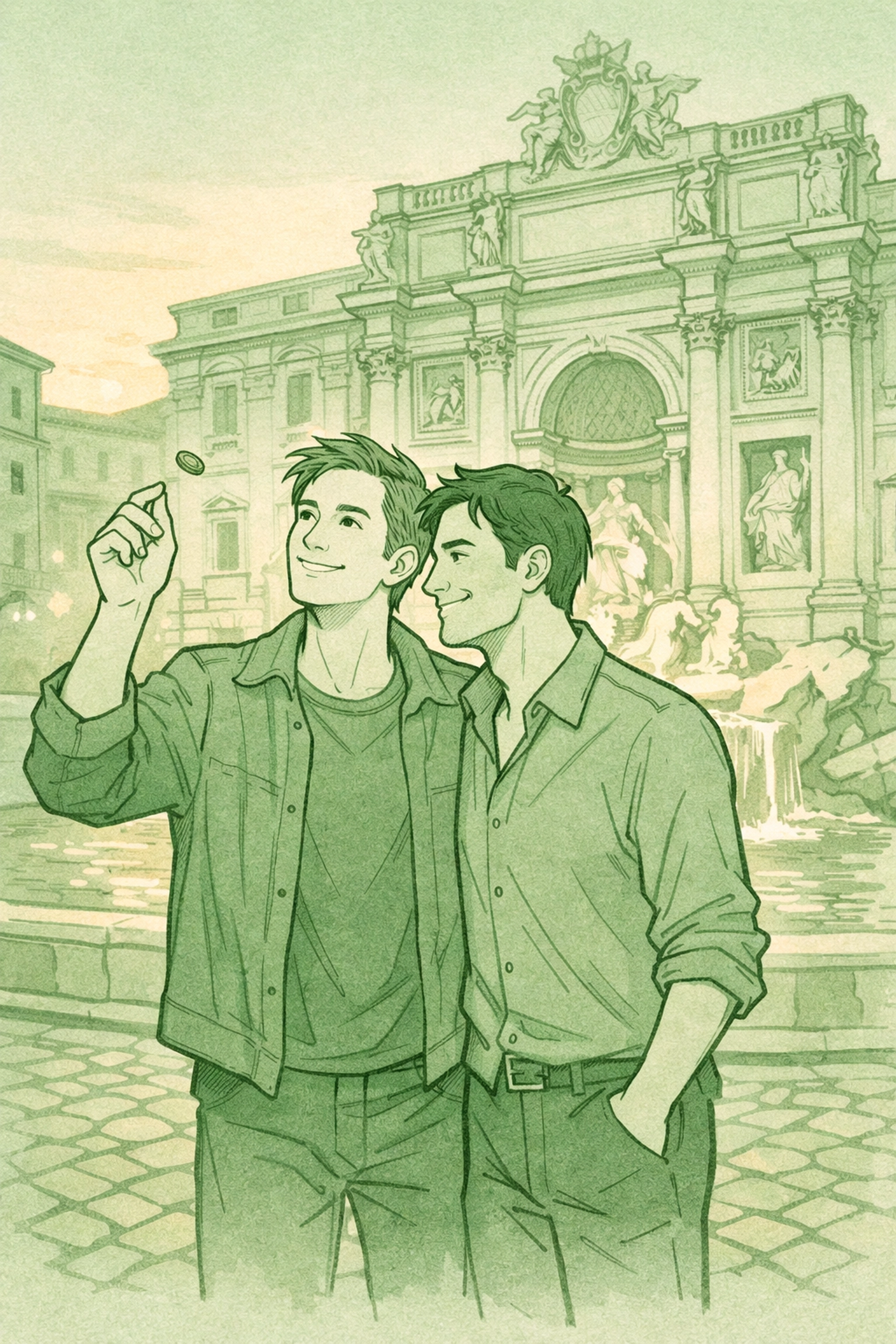 Gay couple tossing coin at Trevi Fountain Rome - romantic MM fiction moment