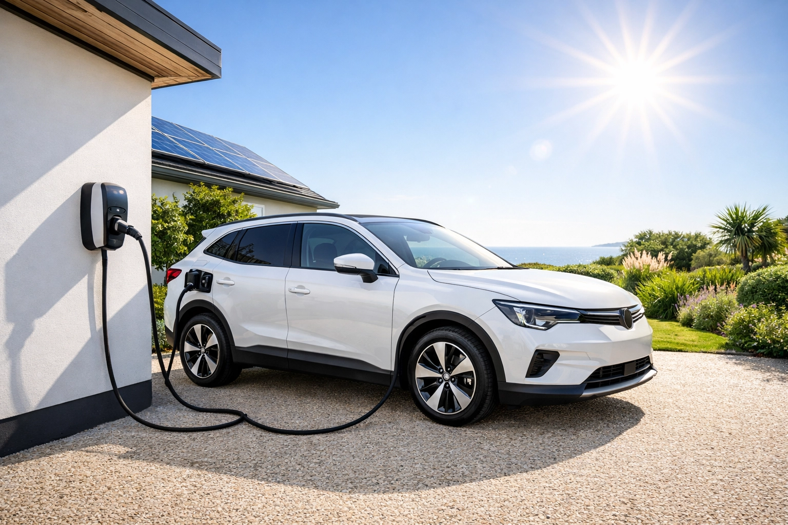 White electric vehicle charging at home with a solar-integrated EV charging point.