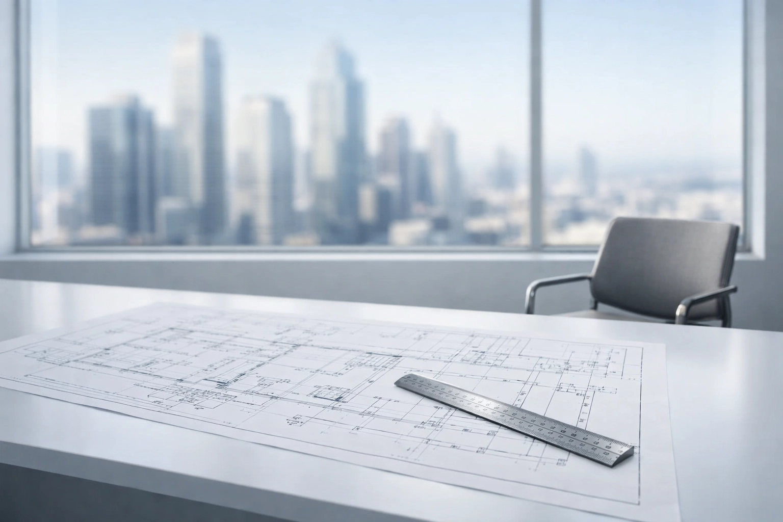 Minimalist professional design studio with blueprints representing the initial strategic discovery phase.