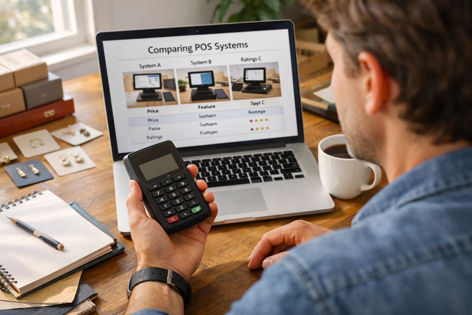 Retail shop owner comparing different POS systems and card readers