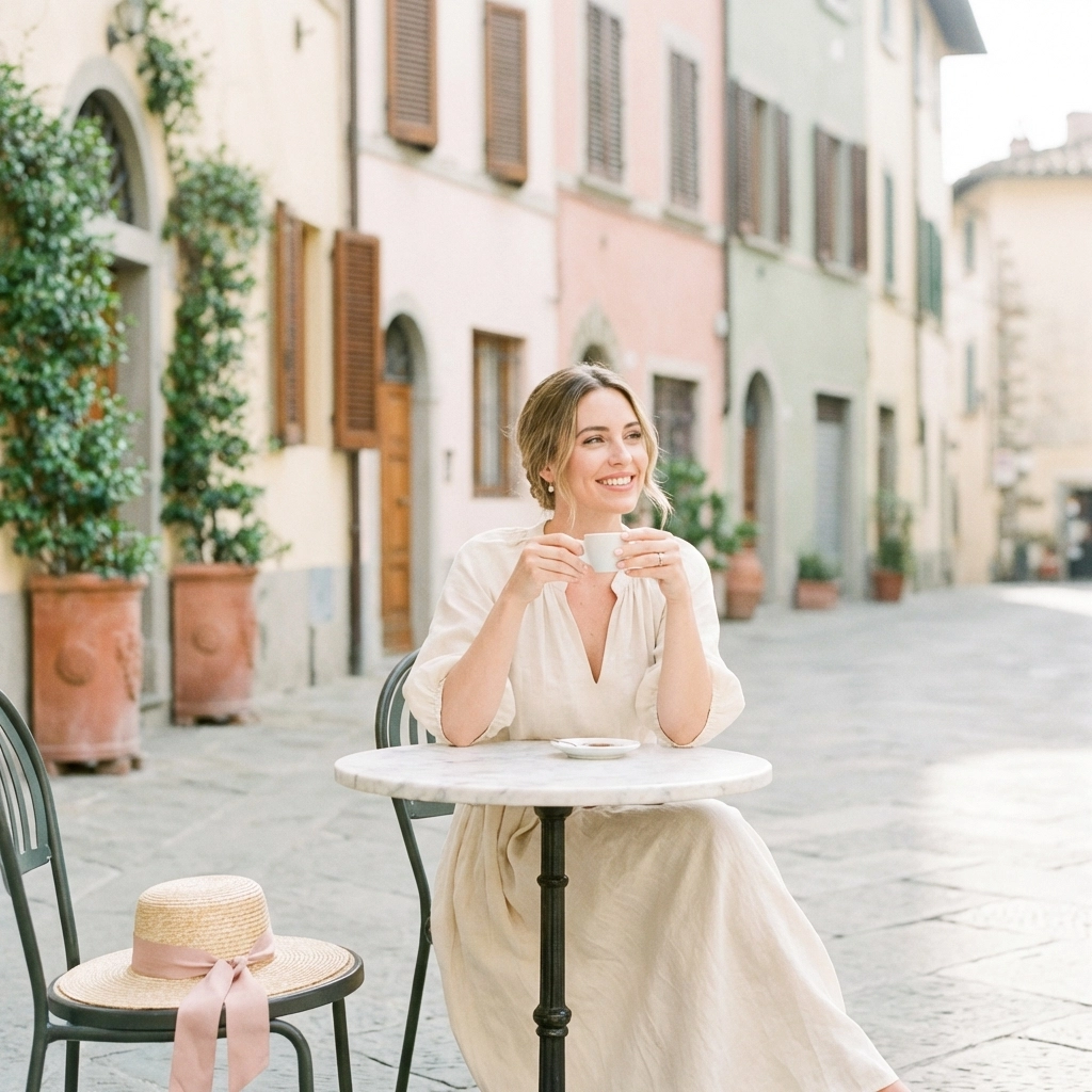 Woman enjoying espresso in an Italian piazza, capturing the essence of la dolce vita luxury vacations