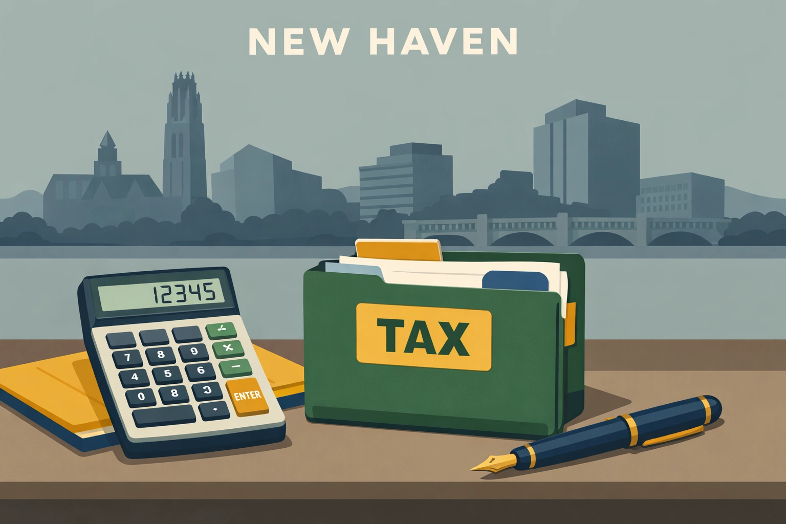 Professional tax preparation desk with New Haven skyline for local side hustle and business tax services.