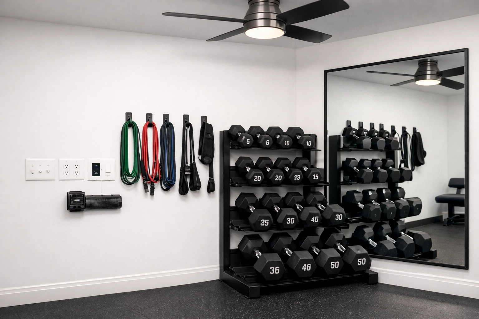 Home gym organization with wall-mounted storage, dumbbell rack, and electrical outlets