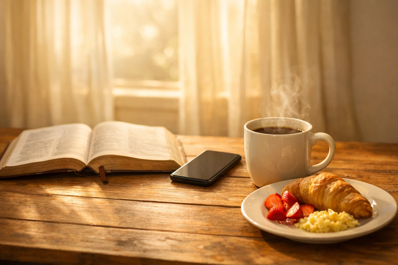 Peaceful morning breakfast table with coffee, Bible, and phone face-down showing intentional news consumption