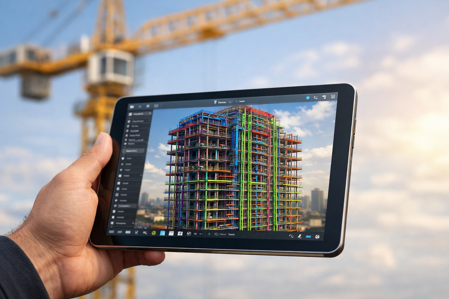 Tablet displaying a BIM model for advanced construction project management and site coordination.