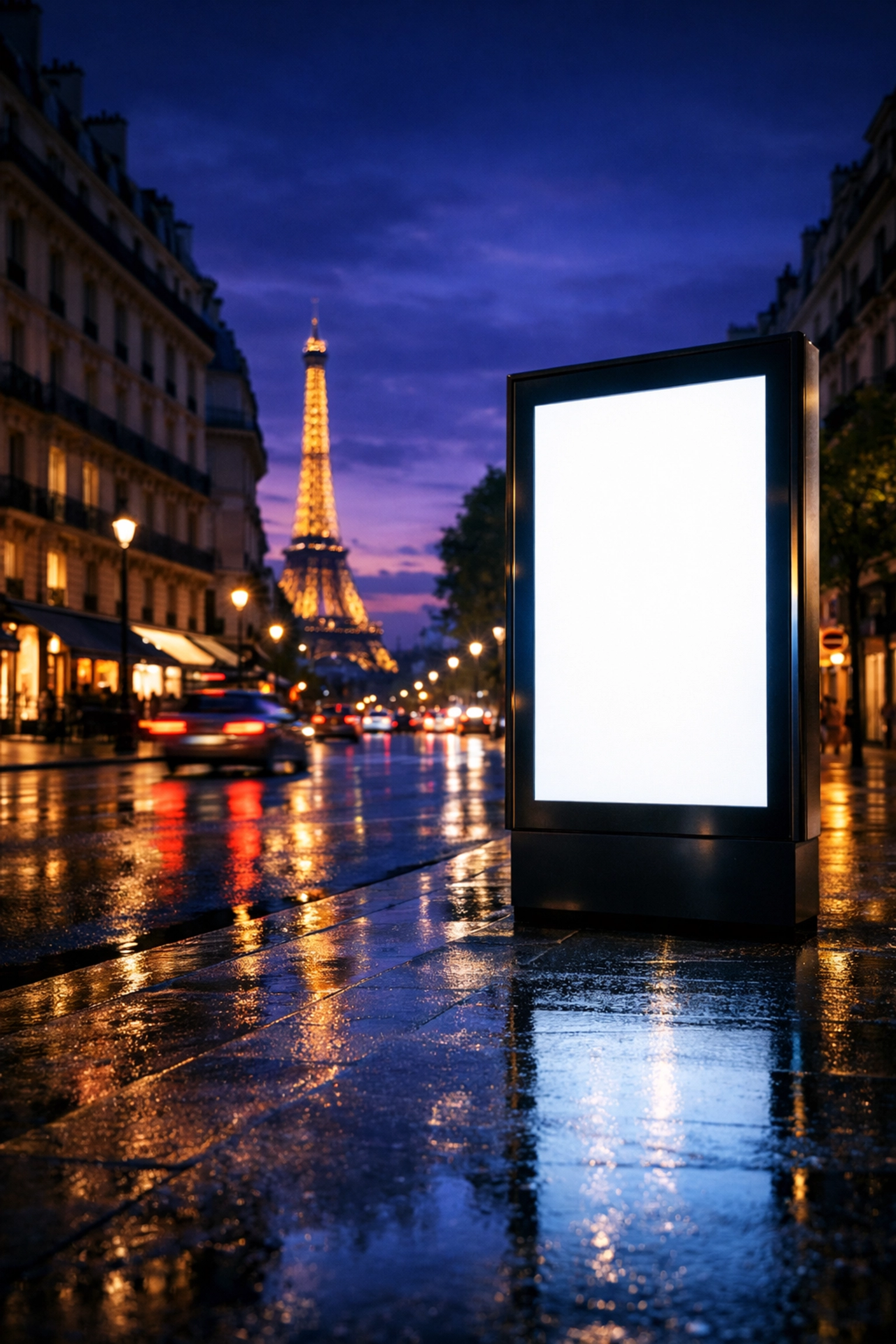 A professional digital advertising panel on a street in Paris representing RAMM's global DOOH network.