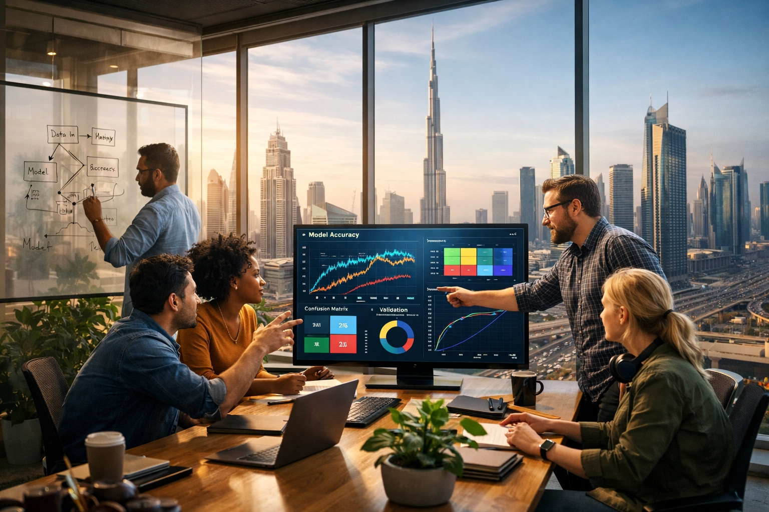 Data science team collaborating on AI projects in modern Dubai office workspace