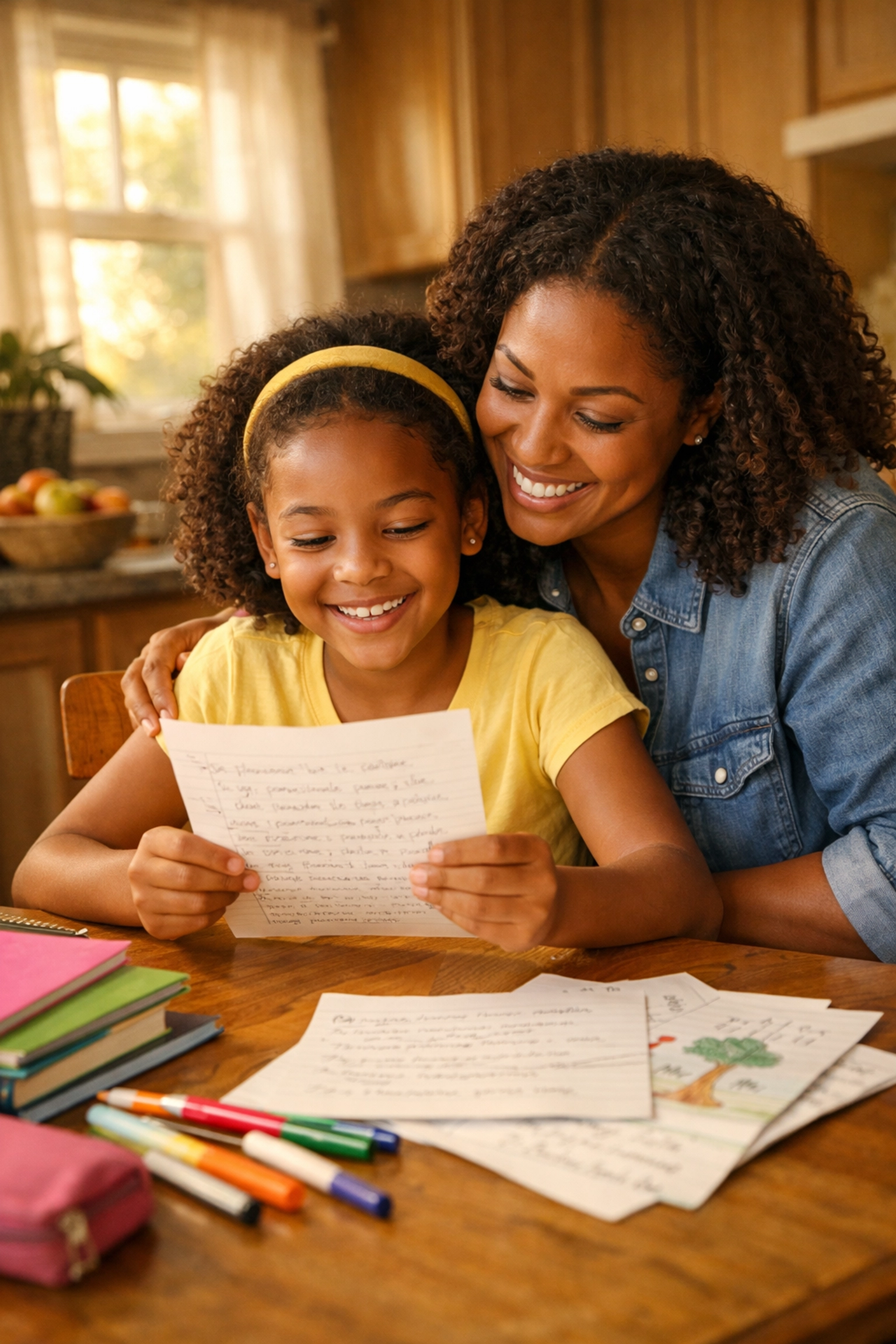 Mother supporting young daughter's creative writing for kids at kitchen table with notebooks