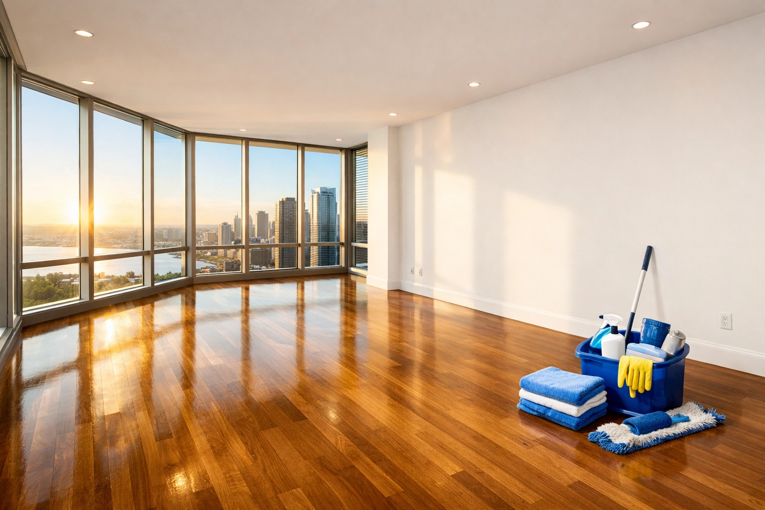 A sun-drenched, empty luxury apartment living room with polished floors, perfectly cleaned for a new tenant move-in.