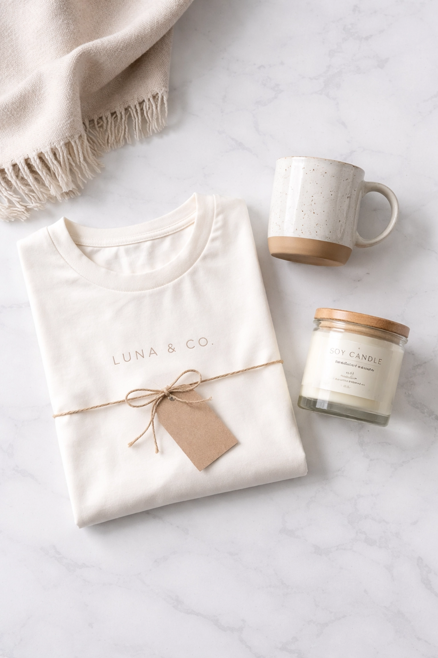 Australian gift bundle with custom t-shirt, mug, candle, and throw blanket on a marble surface