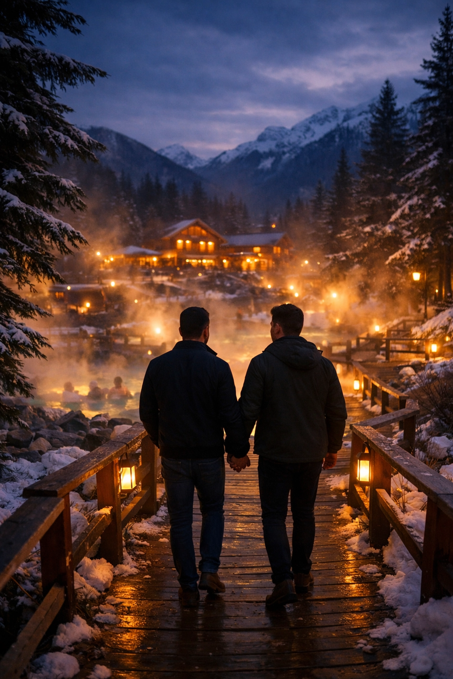 Gay couple walking to mountain hot springs resort at dusk in winter